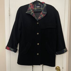 Vintage Karen Large Black Plaid Contrast Wool Coat Made in USA Shoulder‎ Pads